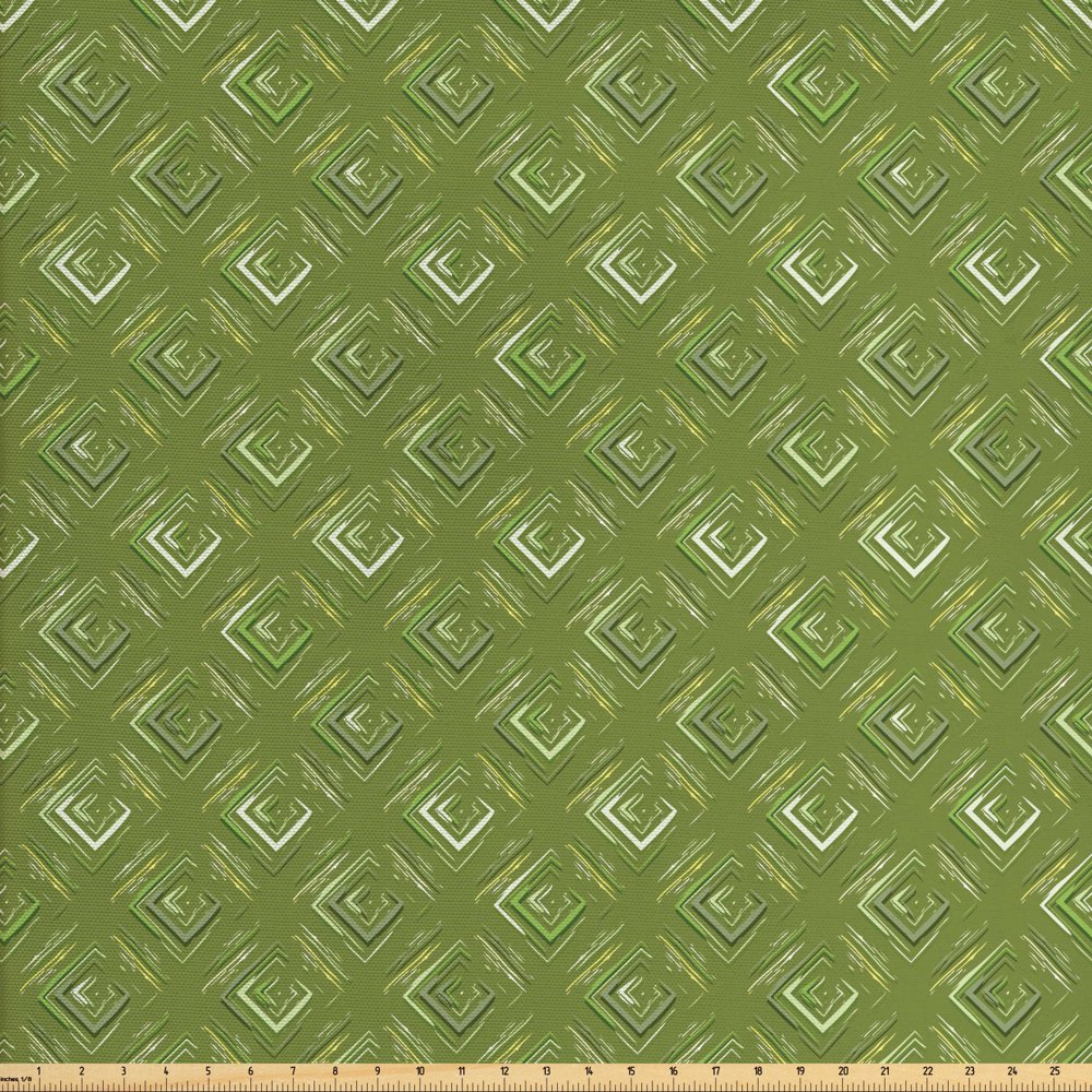 Olive Green Fabric by The Yard, Grunge Geometric Pattern Square Shape Diagonal Abstract Rhombus