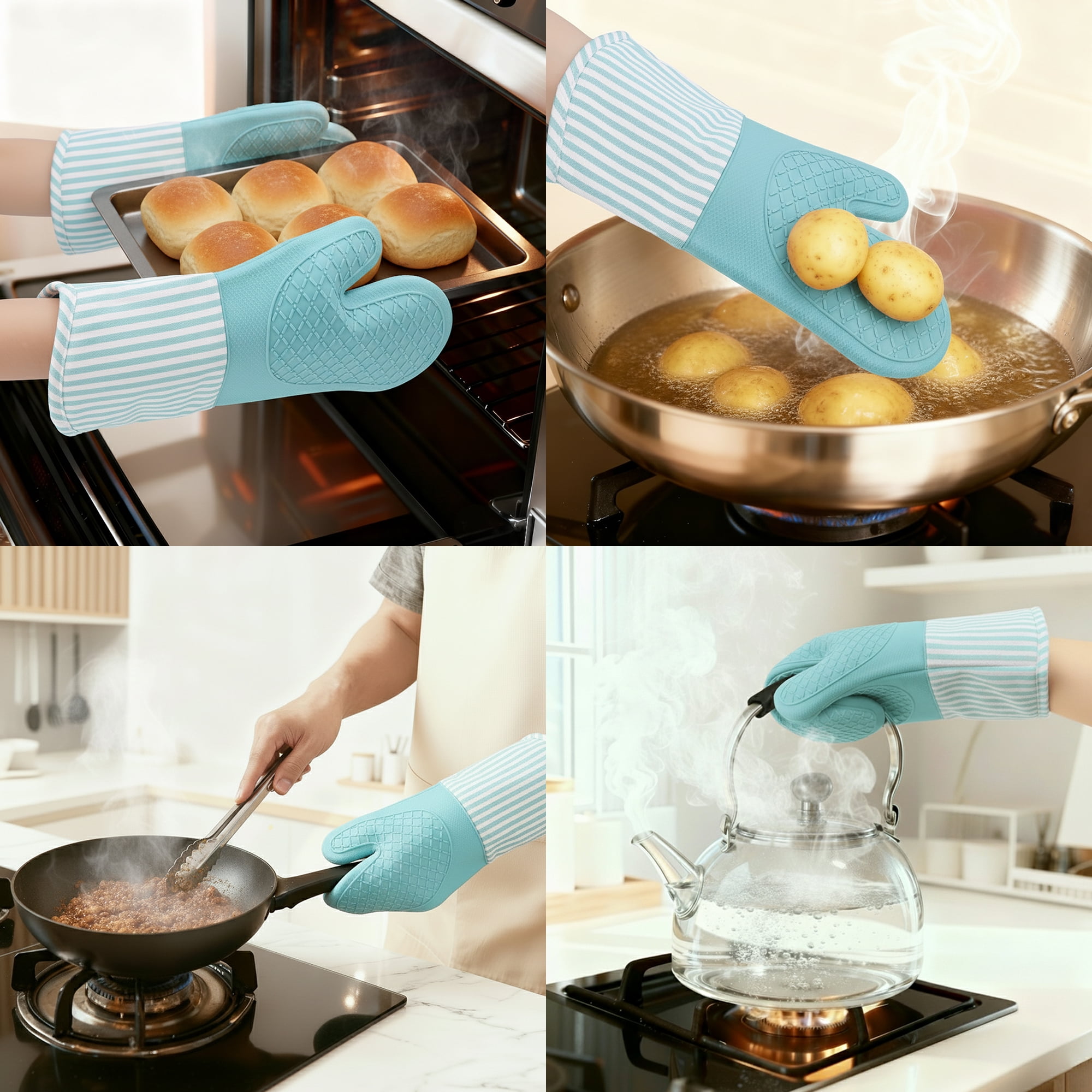 Unique Bargains 2pcs Soft Silicone Heat-Resistant Oven Mitts Cyan 13.4" x 7.3"