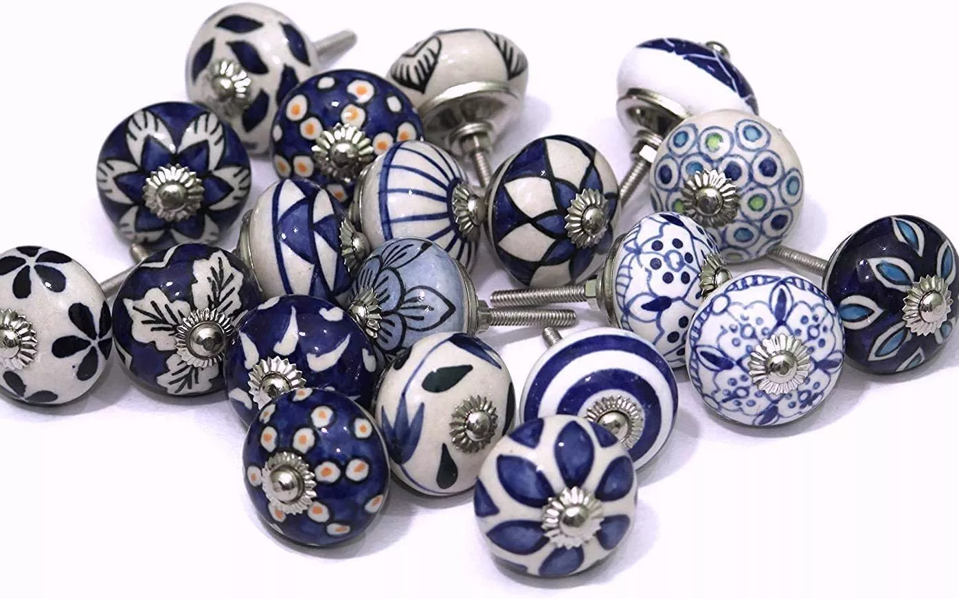 20 PC White and Blue Ceramic Knob Handpainted Kitchen Cabinet Drawer Puller Pull