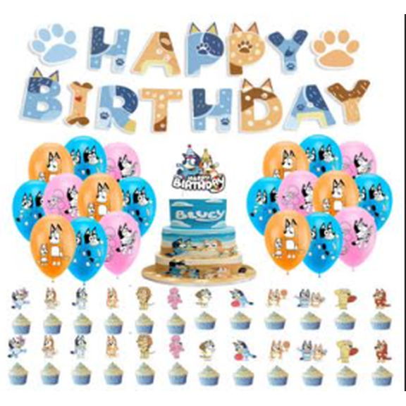 Birthday Bluey Party Decoration Set – Includes 1 Tablecloth, 1 Banner, 1 Cake Topper, 24 Cupcake Toppers, 18 Balloons,for Celebrations