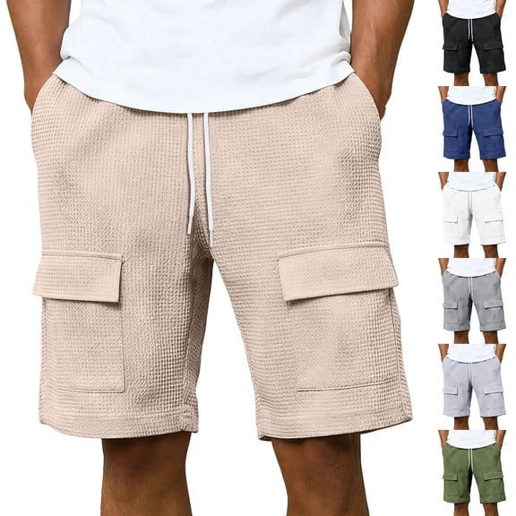 Nmnitkp Mens Shorts Waffle Knit Cargo Shorts Elastic Waist Drawstring Multi-Pocket Lightweight Breathable Casual Summer Athletic Shorts Khaki,L