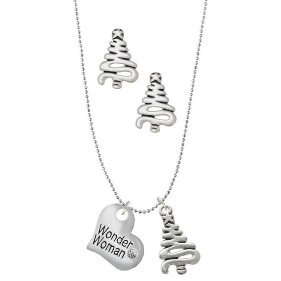 Delight Jewelry Silvertone Large Wonder Woman Heart Silver tone Zig Zag Christmas Tree Charm Necklace and Stud Earrings