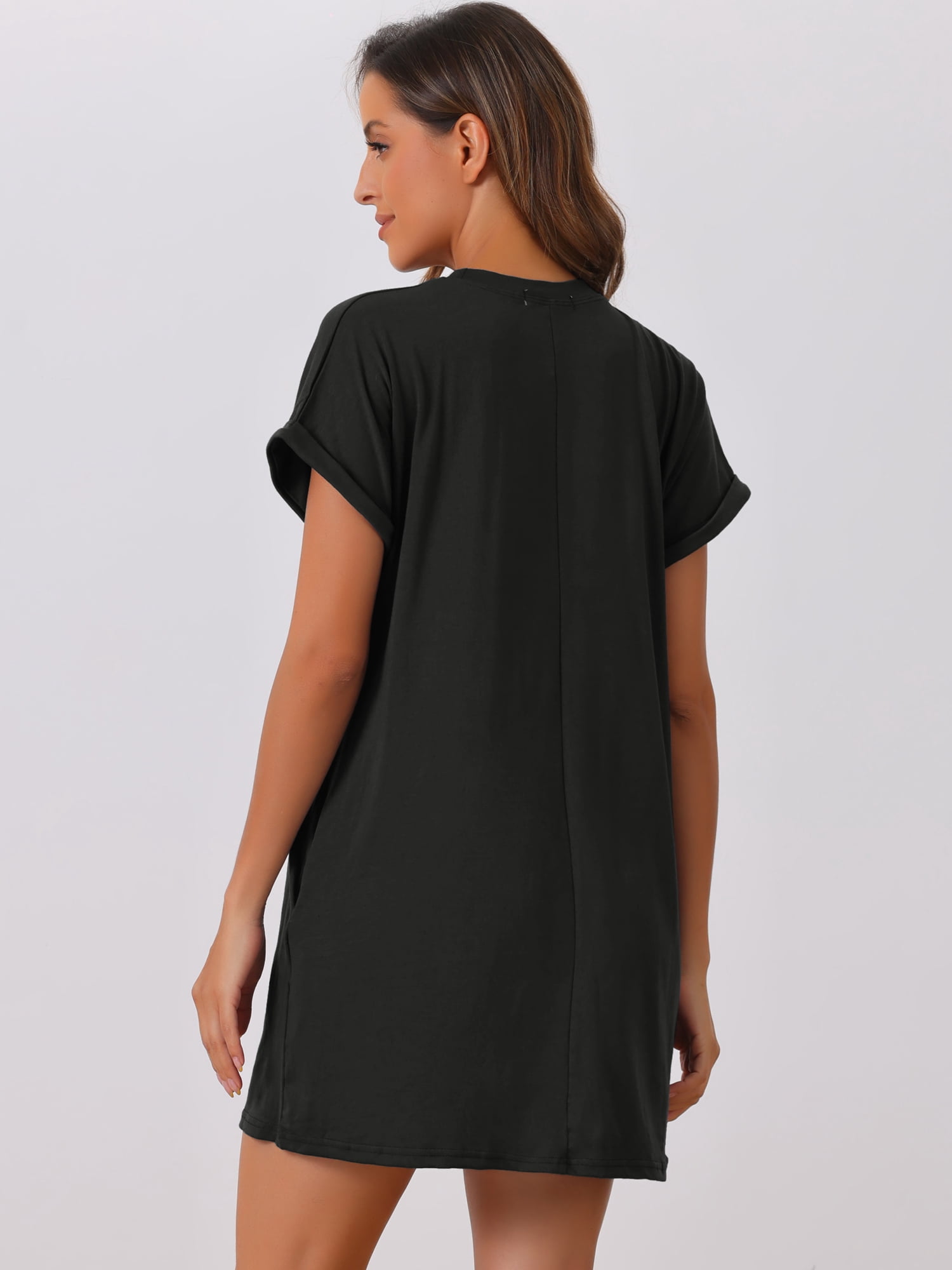DARING DIVA Women's Short Sleeve Crew Neck Soft Night Dress with Pockets M Black