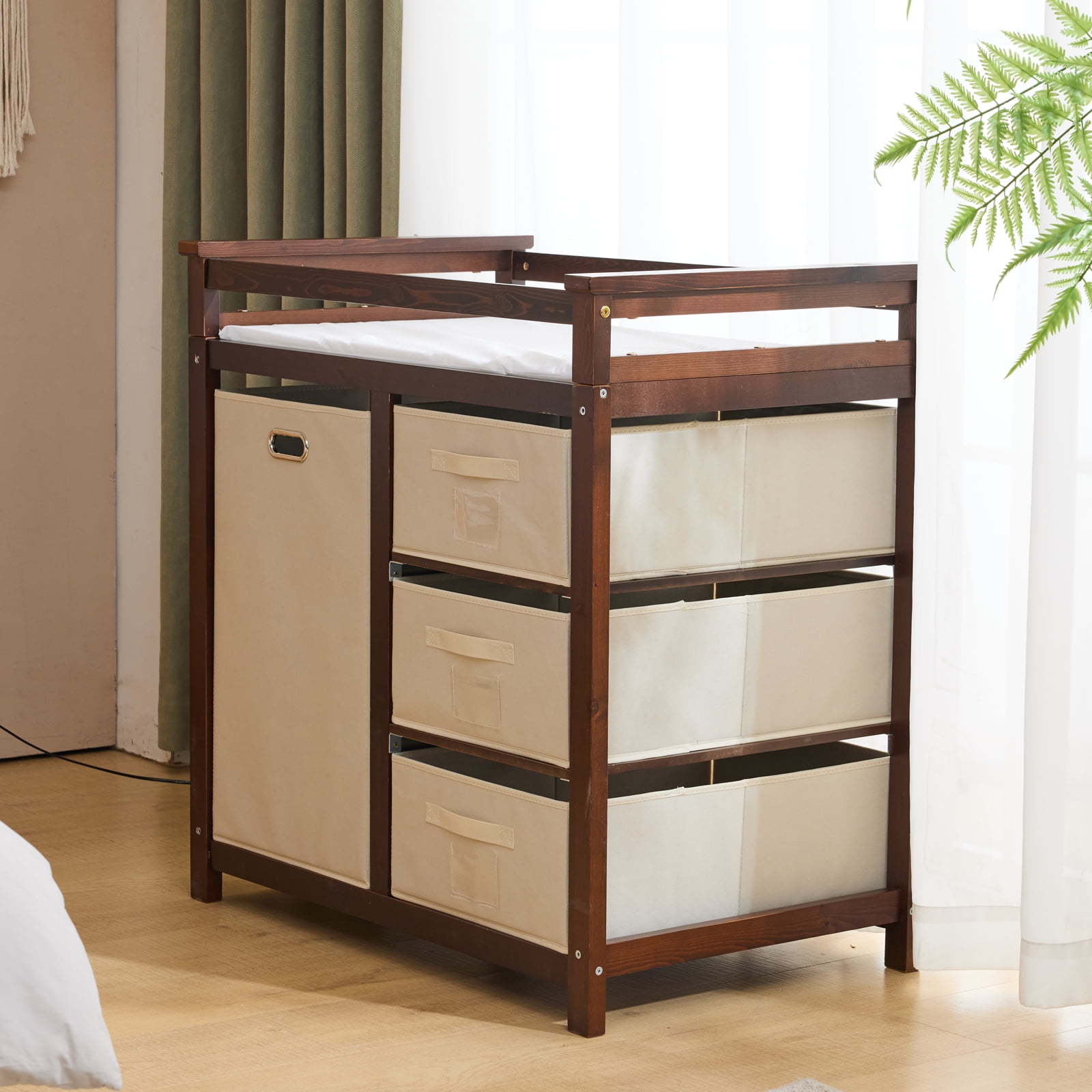 Zimtown Baby Changing Table,Dresser Baby Diaper Changing Station with Laundry Hamper,Infant Nursing Table with 3 Storage Drawers,Removable Safety Rail & Strap for Bedroom,Brown