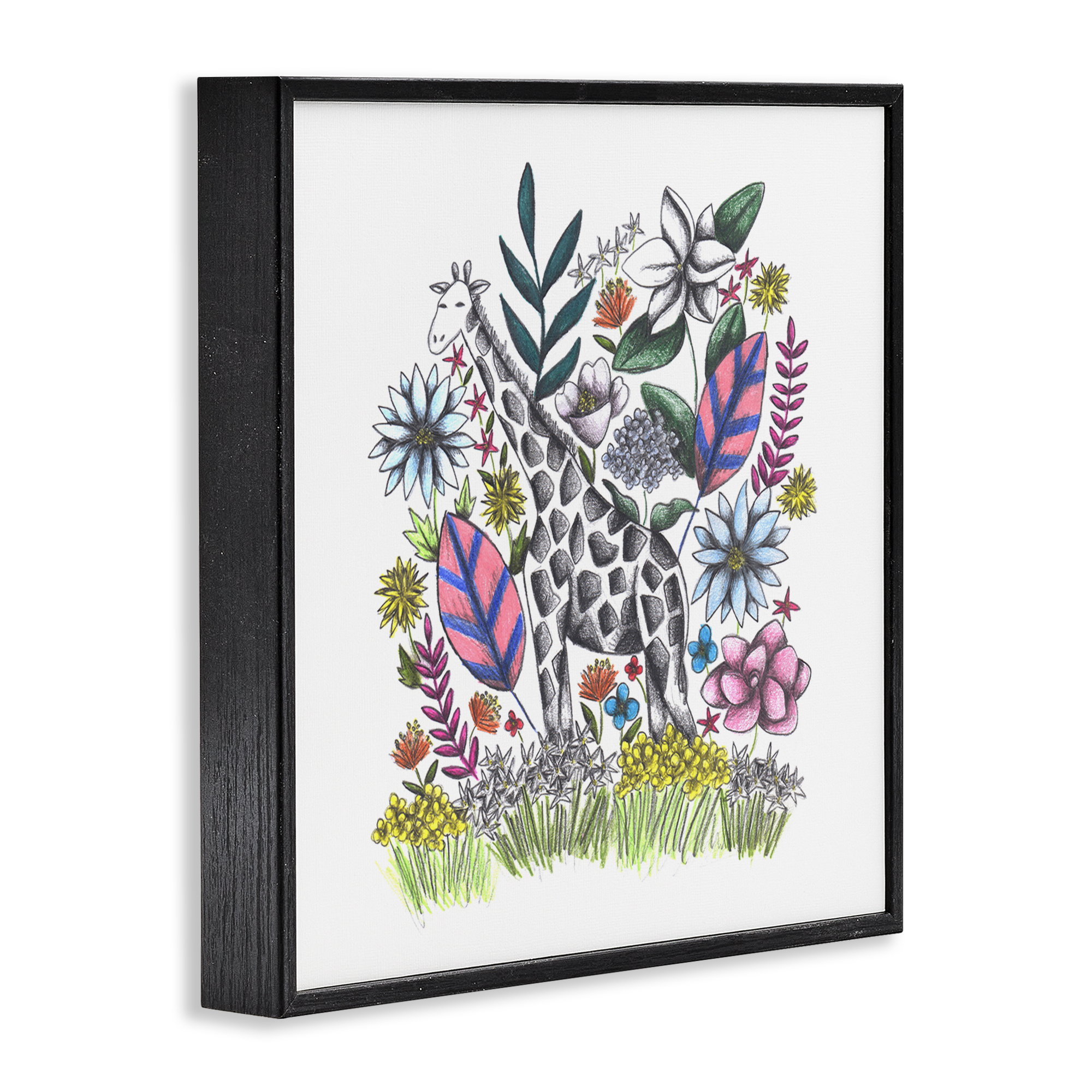 Giraffe in Midst of Flowers Black Framed Giclee Art, design by Cecilia Battaini