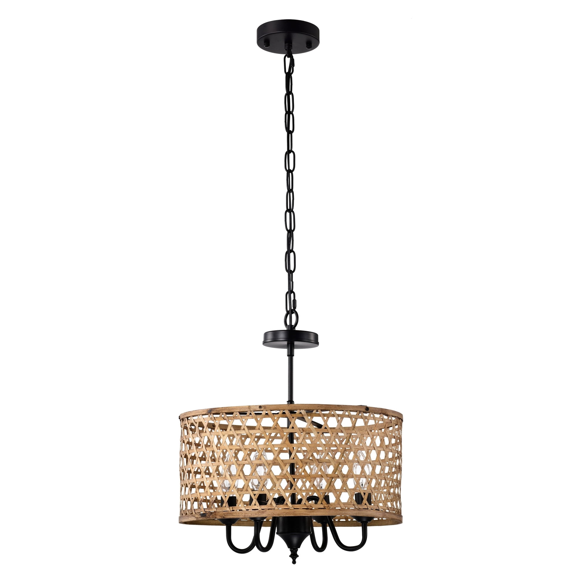 Dora 16 in. 4-Light Indoor Matte Black and Woven Rattan Finish Chandelier with Light Kit