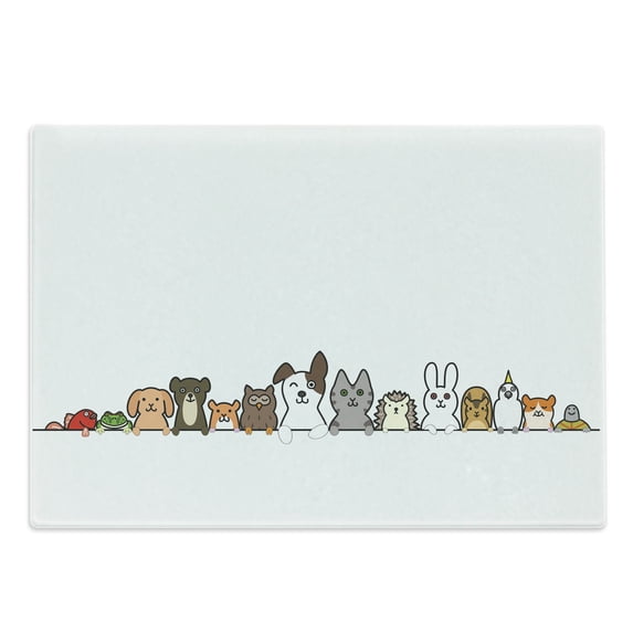Cartoon Cutting Board, Domestic Pets Various Animals with Funny Expressions Humorous Cartoon Style, Decorative Tempered Glass Cutting and Serving Board, Large Size, Multicolor, by Ambesonne