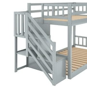 Euroco Wood Twin over Twin Floor Bunk Bed with Staircase for Kids Teens Room, Gray