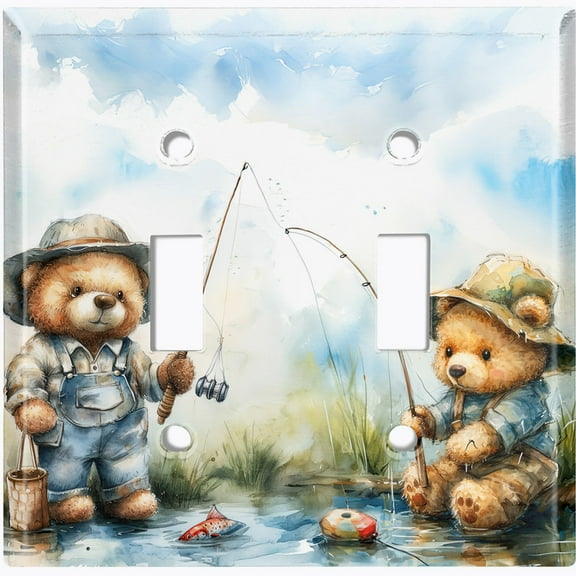 Metal Light Switch Wall Plate Outlet Cover (Printed Image of Fishing Teddy Bear - Double Toggle)