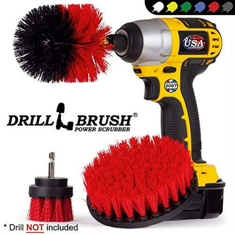 Drill Brush - Outdoor - Cleaning Supplies - Spin Brush - Red Stiff Bristle Scrubber Set - Farm - Horse - Barn - Water Trough - Feed Buckets - Concrete