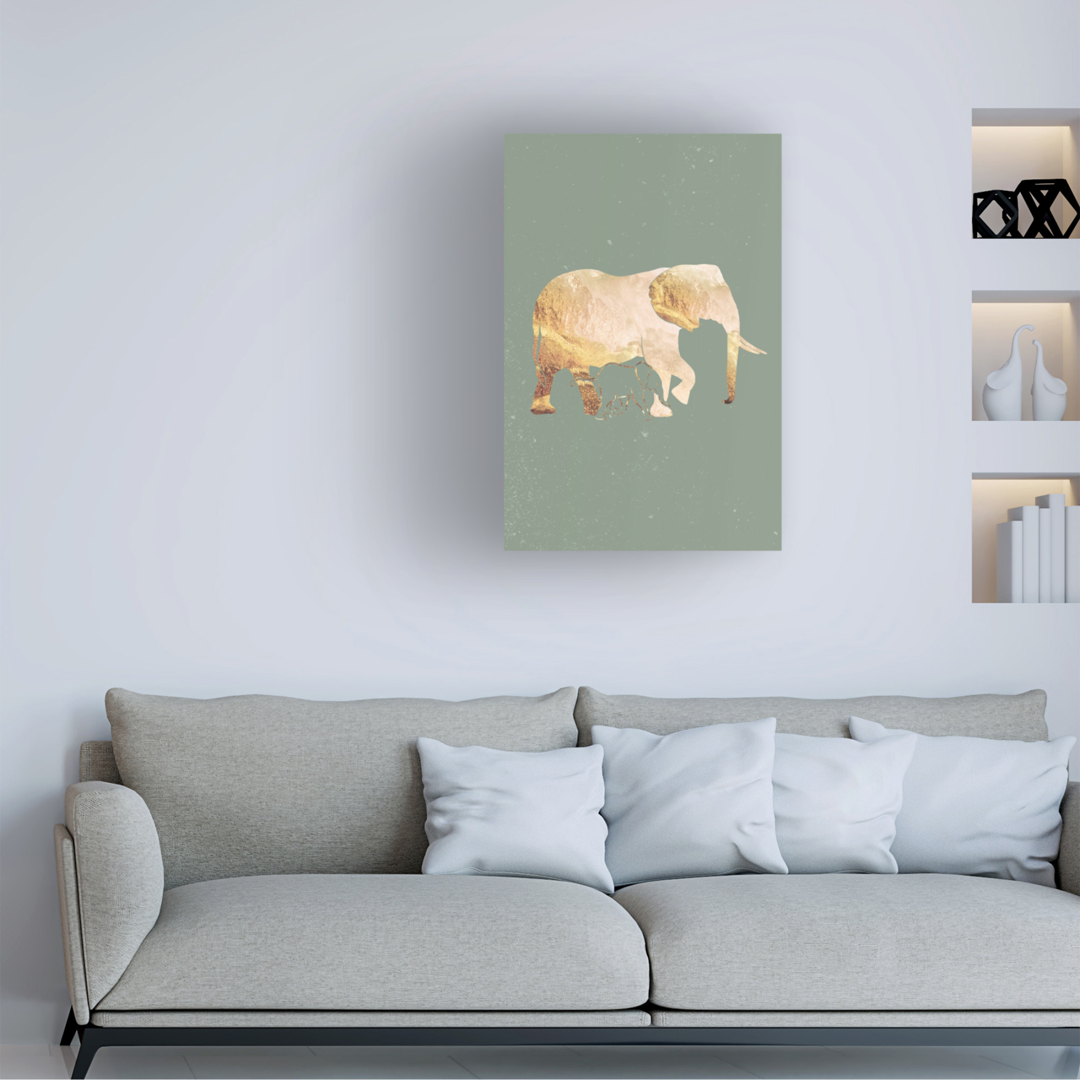 Trademark Fine Art Sarah Manovski Sage Green Gold Elephants 2 Canvas Wall Art