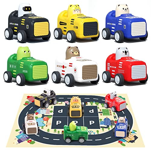 Zero Zoo Voitures Jouets pour Bébés de 1 2 3+ Ans, Série Garde de la Ville à Presser et à Emporter, Véhicule à Rétrofriction avec Tapis de Voiture en Peluche Douce, Cadeau Éducatif pour Enfants, Garçons et Filles