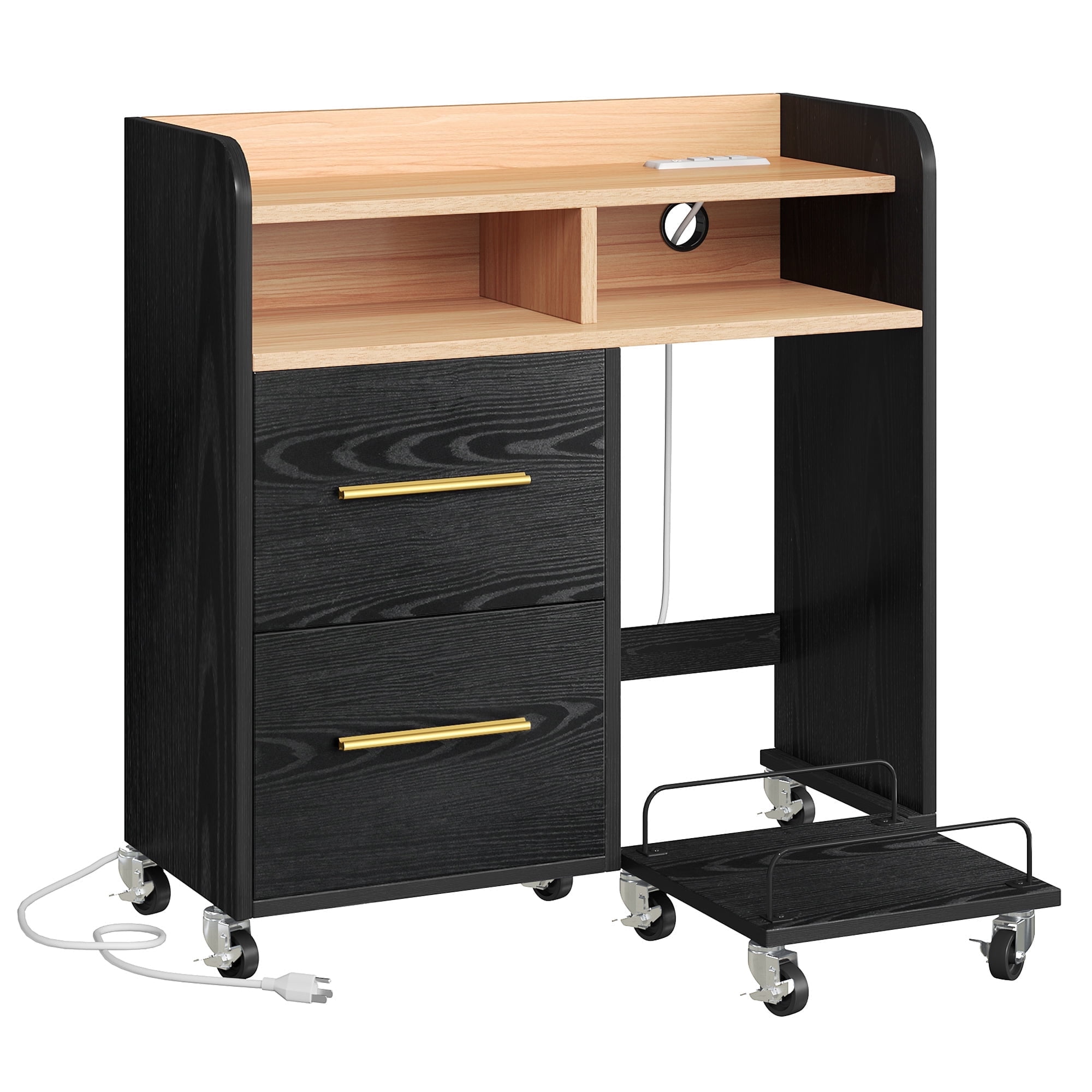 ModFusion 35.1" File Cabinet: 2-File Drawer, Charging Station, Pull-out Shelf with Carts for Paper Shredder, Wheel with Brake to Lock, 2.9x1.3x2.9 ft Printer Stand, Black