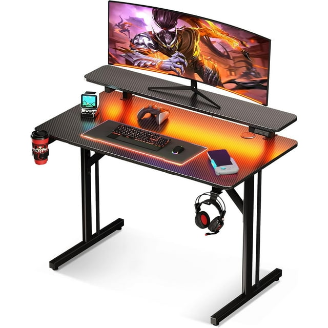 Inch Small Gaming Desk with LED Lights & Power Outlets Computer Desk Gaming Table with Monitor Shelf Gamer Desk with Carbon Fiber Texture Boys Desk for Men