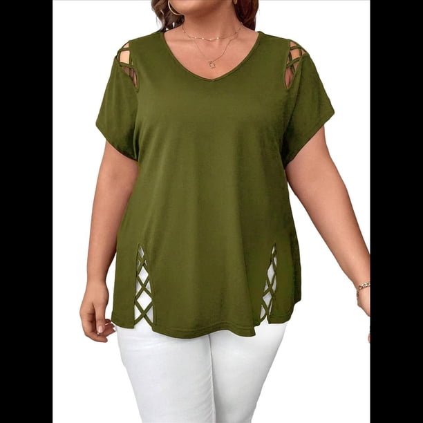 Blusas Tipo Túnica de Corta para Mujer, con Escote en V Recortado, Elegantes, Informales, Holgadas y Largas Verde Oliva 5XL