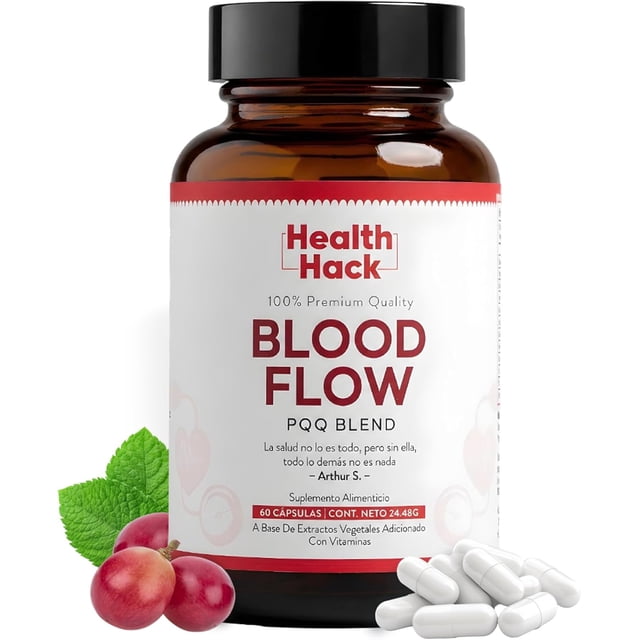 Blood Flow PQQ Blend HealthHack L-Arginina Resveratrol CoQ10 Glicinato de Magnesio Vitamina B3 D3 60 Cápsulas