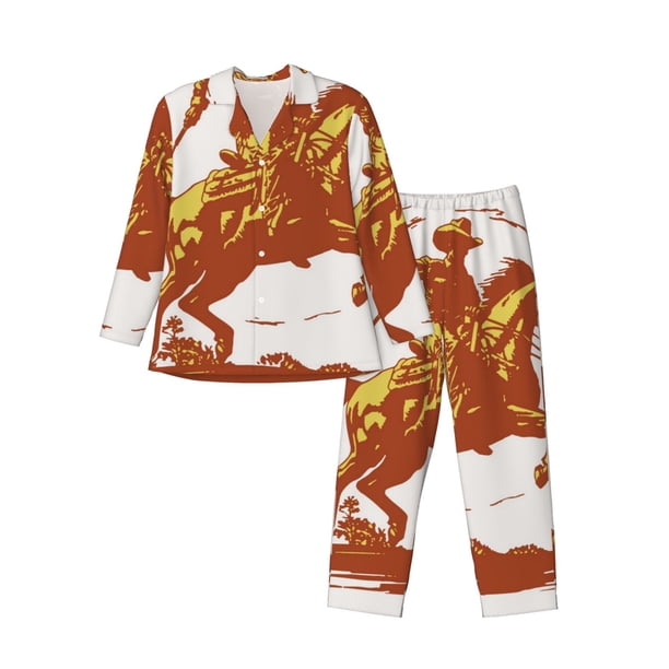 Fotbe Vintage Cowboy On A Bronco Horse Pijama de Hombre con Estampado de Manga Larga, Conjunto de 2 Piezas, Ropa de Dormir Suave y Cómoda con Bolsillos-Small