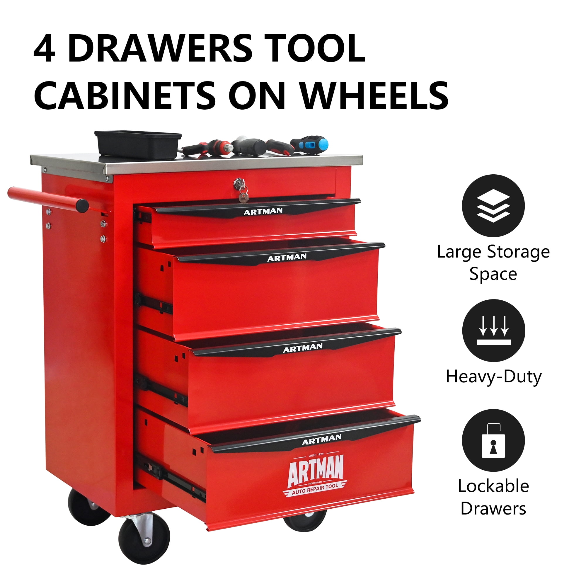 ARTMAN 4 Drawers Steel Storage Rolling Tool Chest Cabinet Cart with Wheels and Stainless Steel Roof for Workshop Garage Warehouse