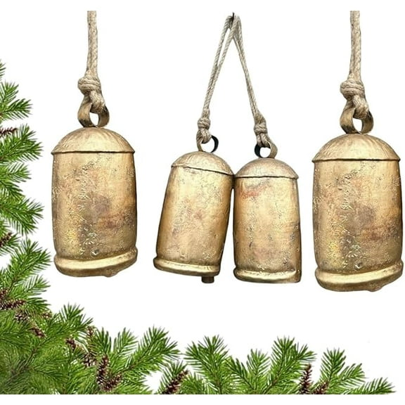 10 & 9 inch Giant Harmony Cow Bells Huge Vintage Handmade Rustic Lucky Christmas Hanging Bells On Rope Chic Christmas Bells for Decoration Very Big Handmade Cow Bell -Set of 4