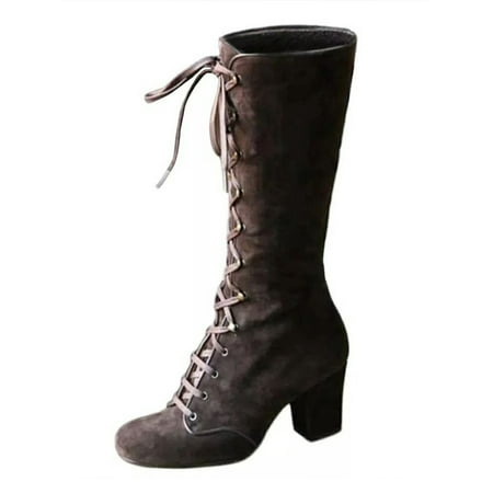 

Difumos Ladies Casual Chunky Mid-Calf Boot Non-slip Mid Top Shoes Work Comfort Block Retro High Heel Boots Dark Brown 7.5