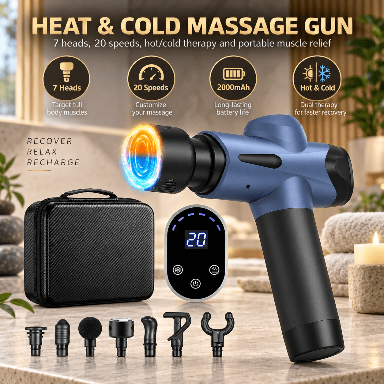 Fenbeli Deep Tissue Percussion Massage Gun with Hot and Cold Heads and 8 Speed Levels for Athletes Recovery and Pain Relief Blue