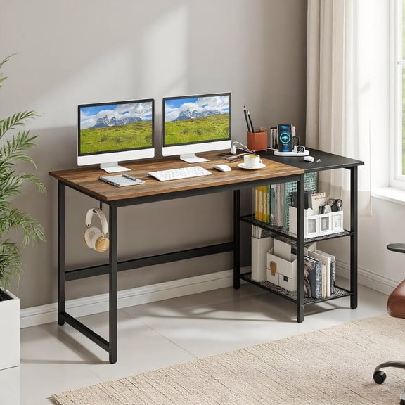 Resenkos 59 Inch Home Office Computer Desk with Removable Storage Shelves-Rustic Brown, Home Office Desks, Gaming Computer Desks for Study,Working,Writing
