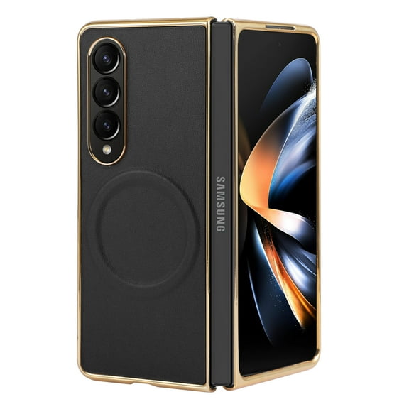For Samsung Galaxy Z Fold 4 Magnetic Phone Case,Made From PU Leather   Hard PC,Luxurious Electroplated Frame Designing,Ultra Slim Thin Fit Shockproof Rugged Phone Case,Black