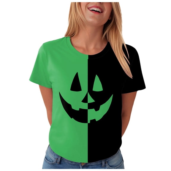 Landzoo Halloween Women'S T-Shirt Colorblock Short Sleeve Round Neck Tops Party Casual Women Tees Size L Green