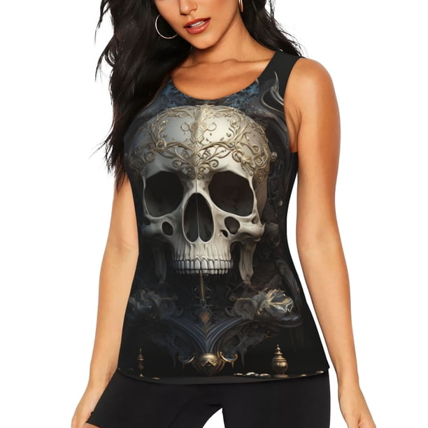 Balery Gold Pattern Skull Camiseta sin mangas estampada ligera para mujer, tops de entrenamiento sin mangas, camisetas de yoga transpirables de secado rápido.-Large