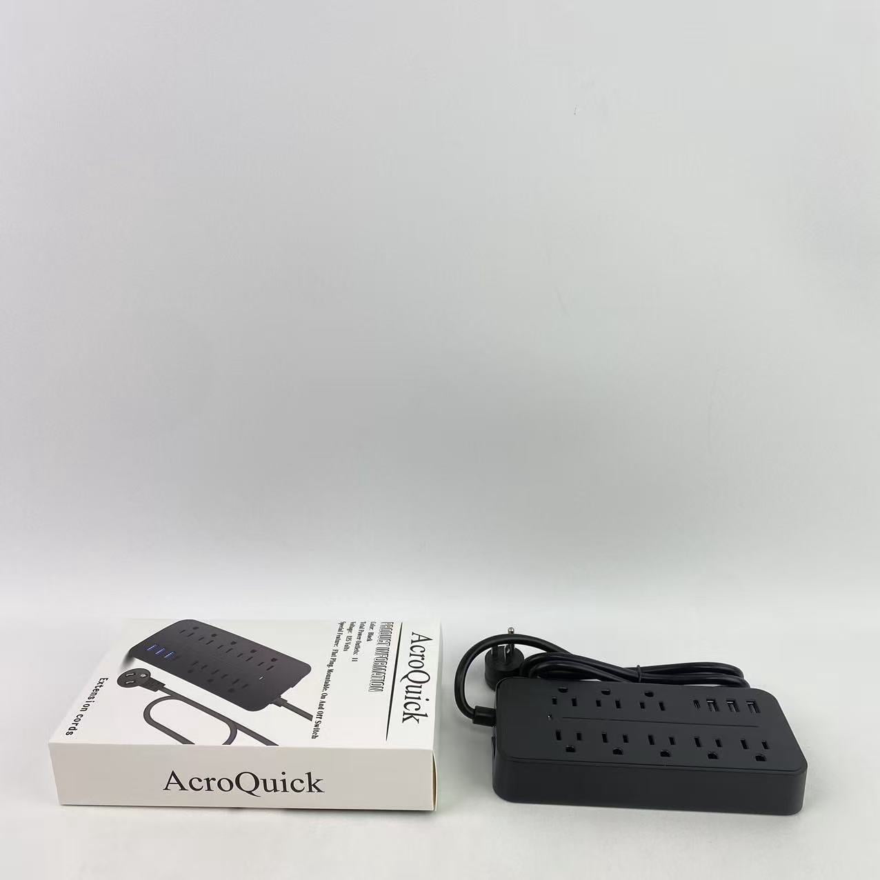 AcroQuick Extension cords, Black Surge Protector with Outlets - Spacious Design for Large Plugs, Flat Plug, 20W USB C Charging for Home, Office
