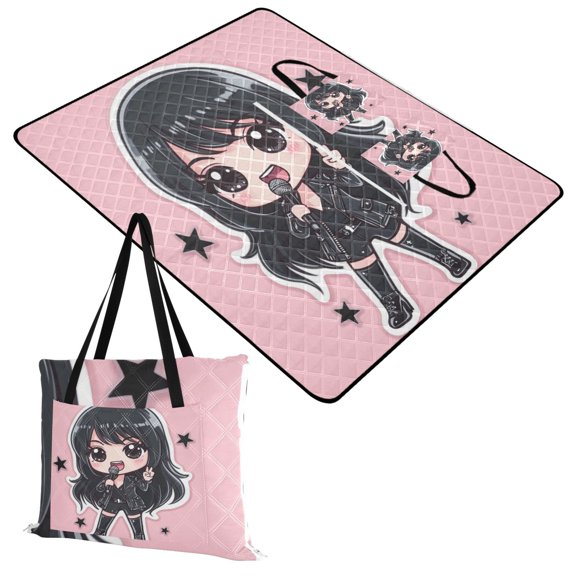 Extra Large Picnic Beach Blanket Waterproof Sand Proof Portable Outdoor Mat Rock and Roll Girl Singing 60x80