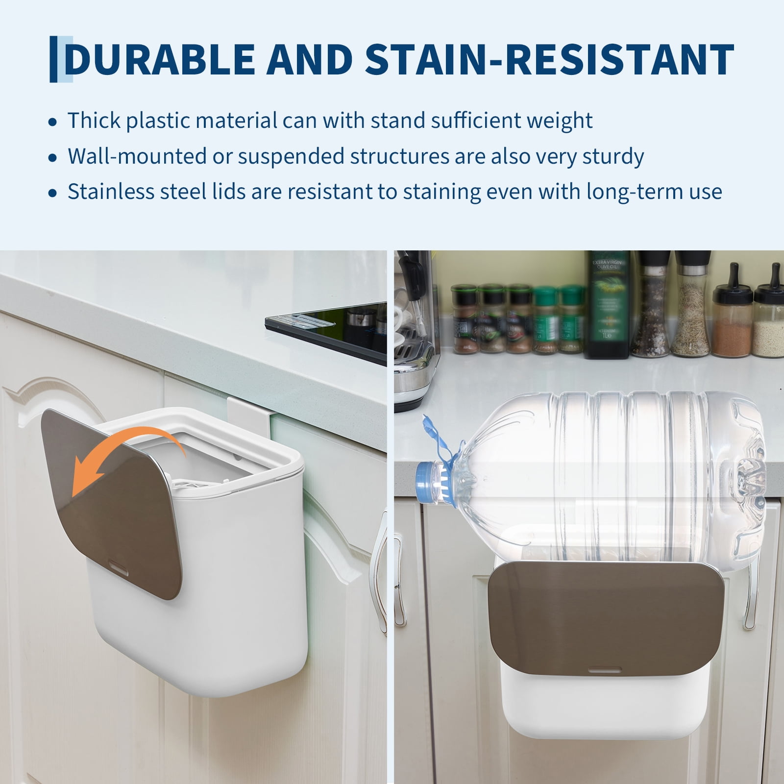 1.8 Gallon Kitchen Hanging Small Trash Can with Stainless Steel Lid, Odor-Free Compost Bin, Space-Saving Garbage Can for Cabinet, Under Sink, RV, Bathroom, White
