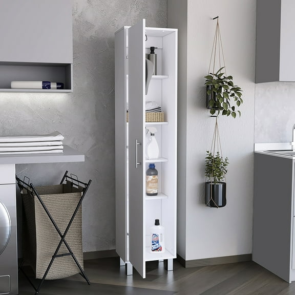 Broom Hanger Cabinet With Four Shelves, 70" Tall, White For Efficient Home Storage Organization