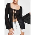 thumbnail image 6 of JYYYBF Women Sheer Tops, Long Flare Sleeve Tie-up See-through Solid Color Fall Tops Clubwear, 6 of 9