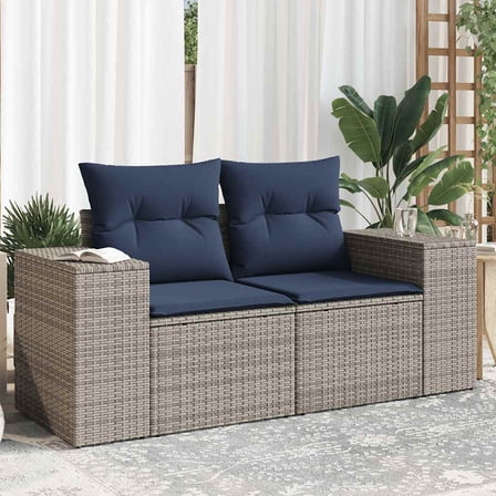 vidaXL Patio Sofa with Cushions 2-Seater Gray Poly Rattan