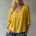 thumbnail image 4 of Long Sleeve Shirts for Women V Neck Peplum Blouse Side Lace Panel long Cuffed Sleeve Loose Casual Top Yellow L, 4 of 6