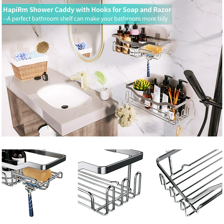 HapiRm Corner Shower Caddy with Shampoo Holder, 2-Pack Shower Organizer  Shower Storage Shelf with 11 Hooks, No Drilling Rust Proof Stainless Steel