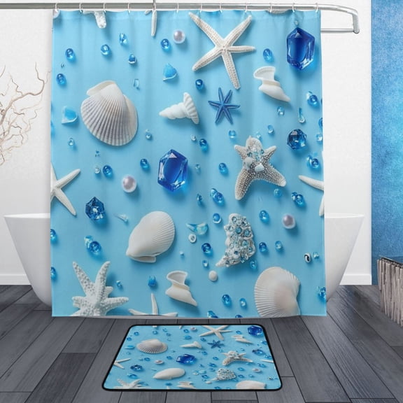 Bath Curtain & Non-Slip Bath Mat Set 12-Grommet Shower Curtain Memory Foam Bath Rug Blue Background Seashells and Starfish