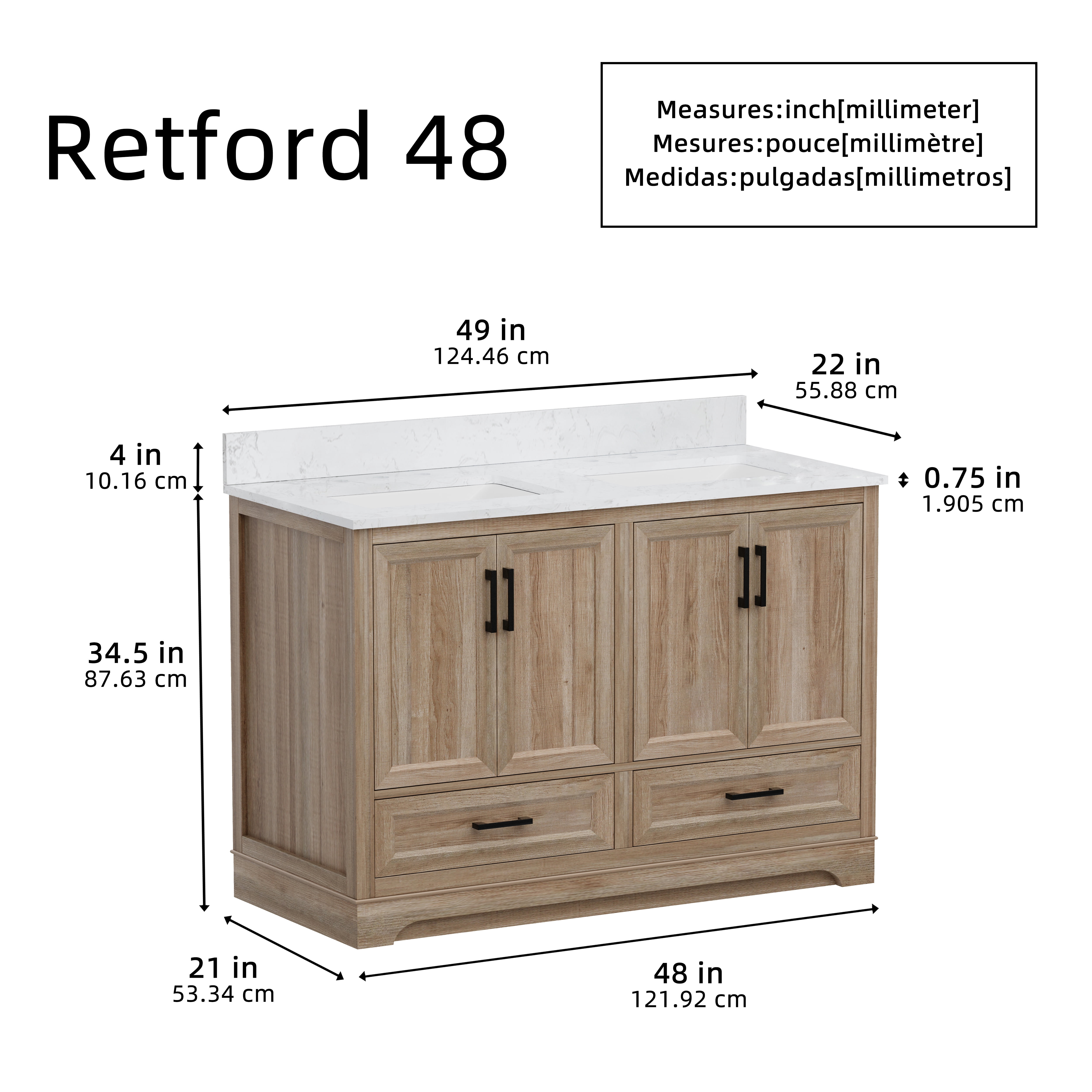 Retford 48" Double Bathroom Vanity, 49" W x 22" D x 34.5" H, Carrara White Engineered Marble Top with 2 Sinks & Backsplash, Light Wood, MDF, Pre-Assembled, Soft-Closing Drawers and Doors.