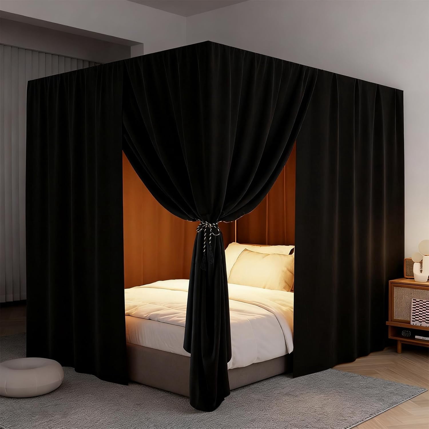 Black Canopy Bed Curtains - 4 Corner Post Bed Curtains King Lightproof Siamesed Drapes Bed Canopy for Adults & Girls Bedroom Decoration(Black,King)
