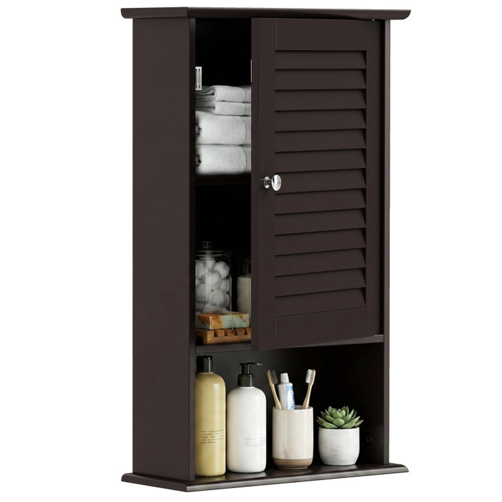 Vebreda Wall Mount Bathroom Storage Cabinet with Louvered Single Door and Adjustable Shelf for Small Bathroom Laundry Room Organizer, Brown