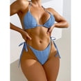 thumbnail image 2 of Traje de baño para mujer, 2 piezas, cuello halter, lazo lateral, color puro, traje de baño, traje de baño, bikini azul S, 2 of 6