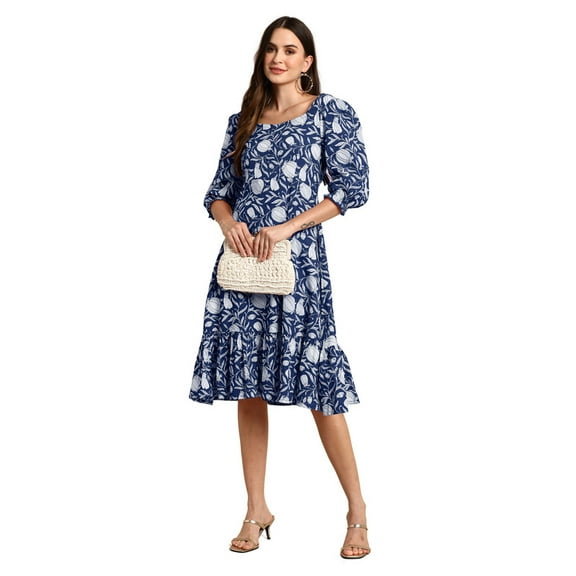 Indigo Pure Cotton Floral Printed A-Line Dress