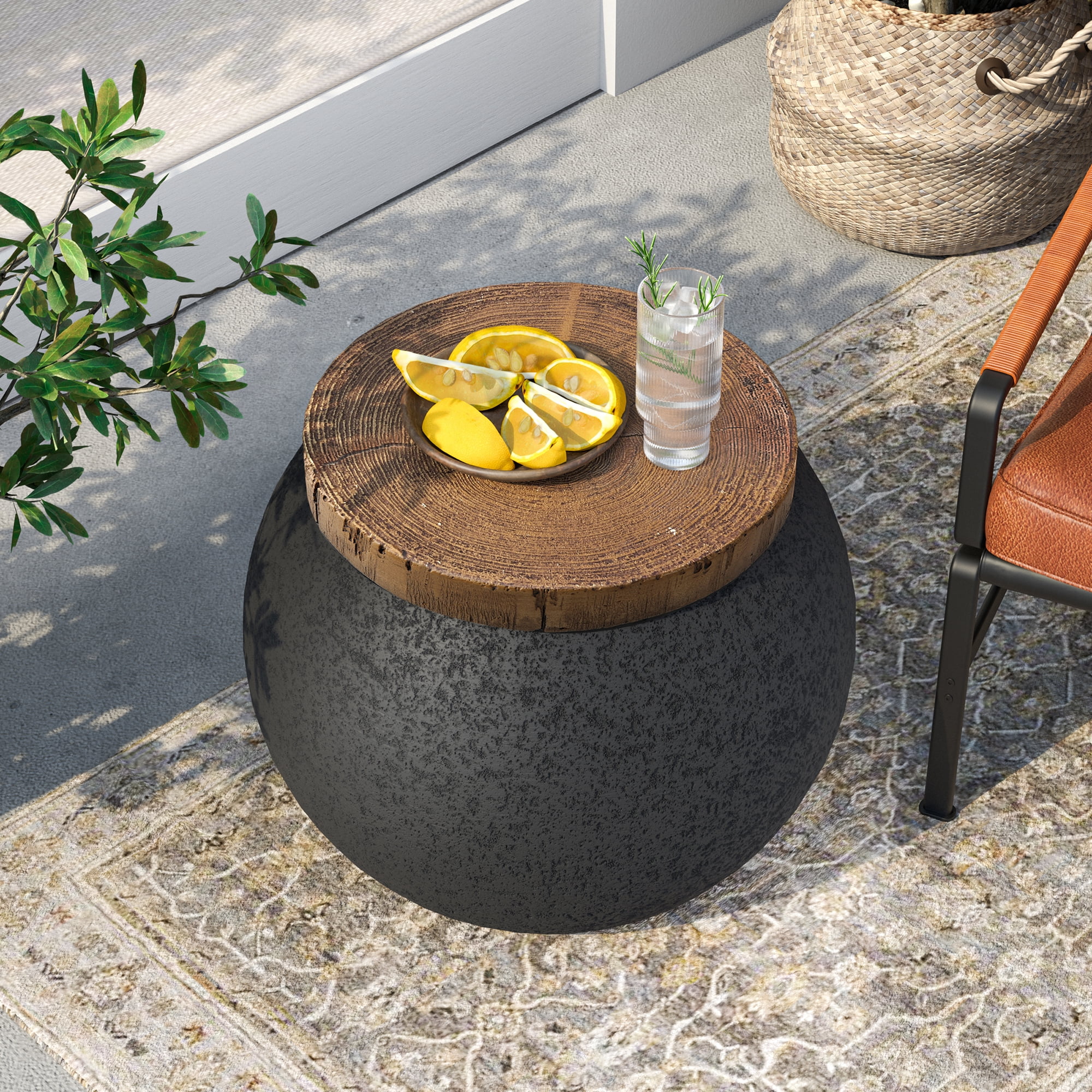 VENTOPYR 2 PCS Concrete Outdoor Side Table with Wood Grain Top,Small Jar Shaped Round Accent End Table for Patio, Garden,Black