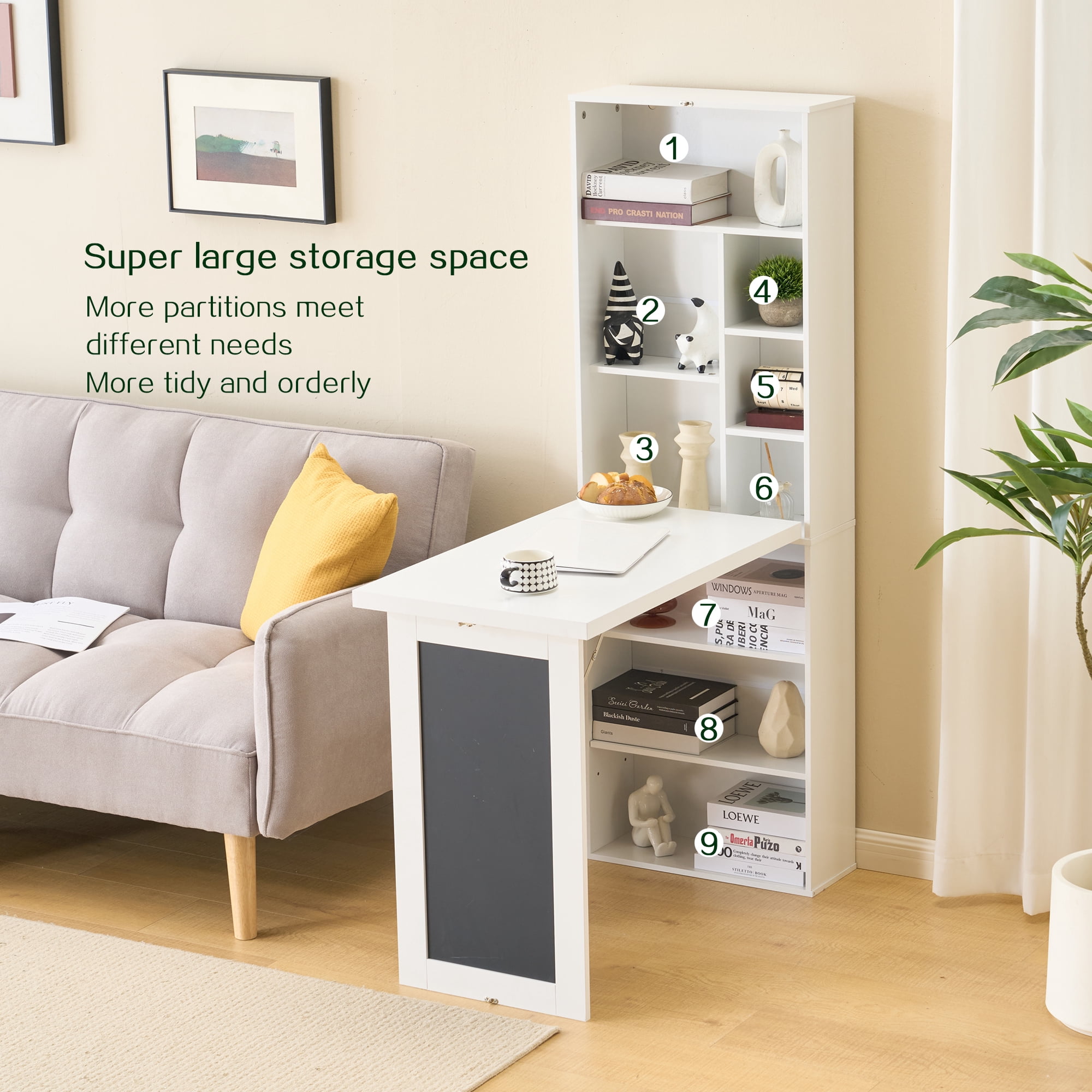 HOQBN Fold-out Convertible Writing Table,Wall Mount Desk Cabinet with Blackboard and Side Storage Shelf,Multi-Function Home Office Workstation Murphy Desk for Home Office,Space-Saving,White