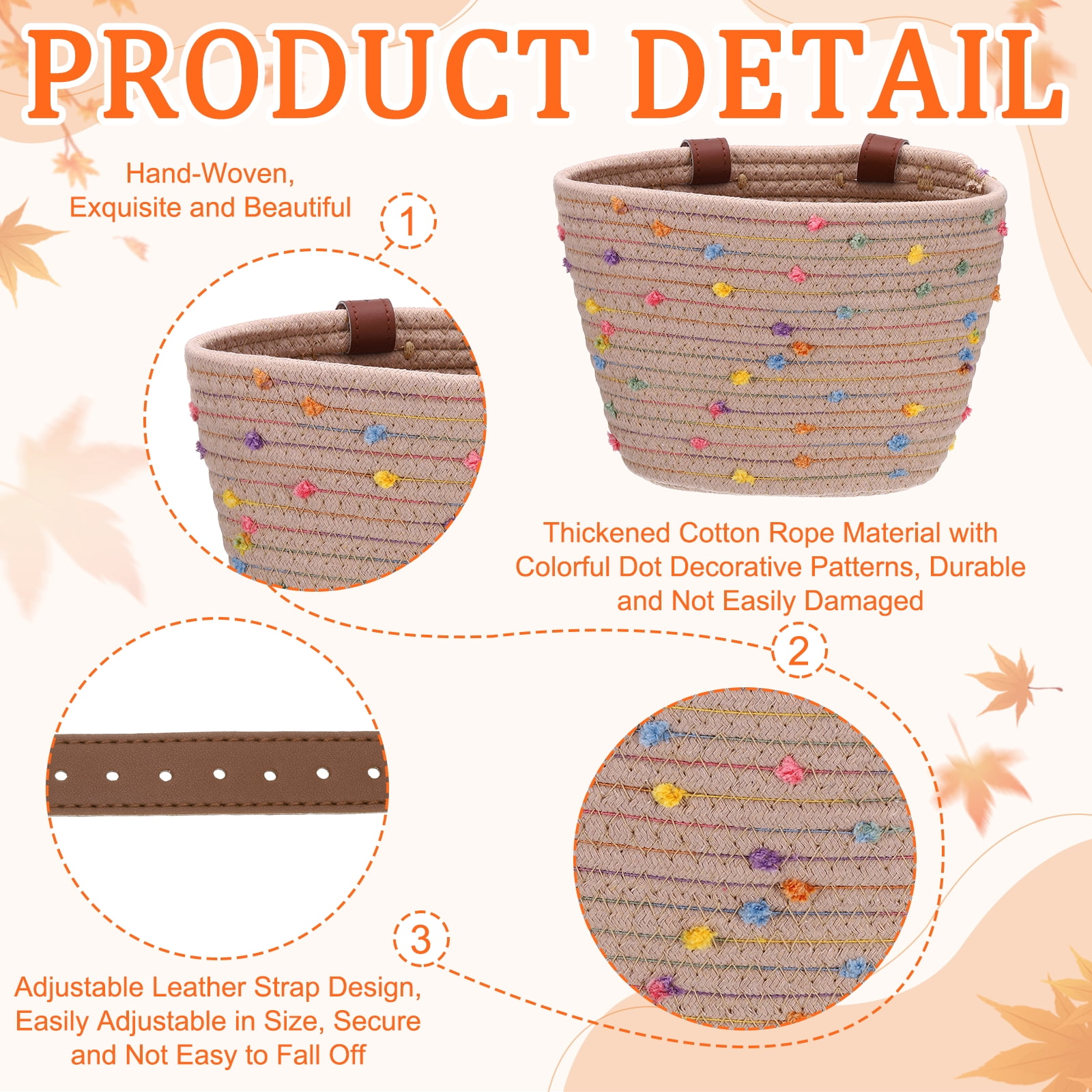 Uxcell Bike Basket, Cotton Rope Woven Colored Spots Bicycle Basket Adjustable Front Handlebar Baskets with 2 Leather Belt Buckles Light brown-Fitting For(Most Bikes/Tricycle/Scooters)