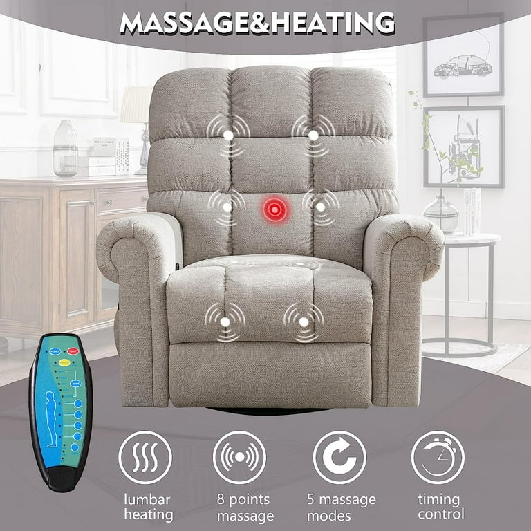 CANMOV Massage Swivel Rocker Recliner Chair with Heat and Vibration 360 Degree Swivel Manual Recliners Fabric Single Sofa Heavy Duty Reclining Chair