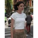 thumbnail image 3 of Camiseta ajustada con estampado de letras vintage de estilo americano, nueva camiseta de verano a la moda para chica sexy, cuello redondo adelgazante, versátil y para el vientre, 3 of 4