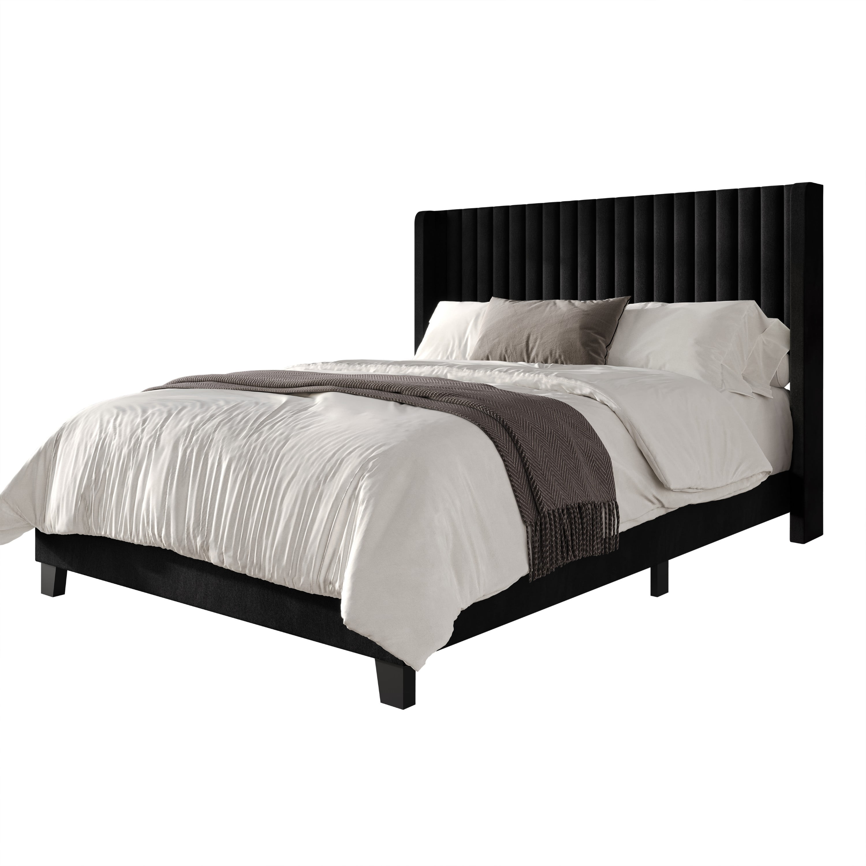 Home Design Ashland Twin Velvet Upholstered Panel Bed Frame with Wingback Headboard and Foam Padding, Black, Easy Assembly