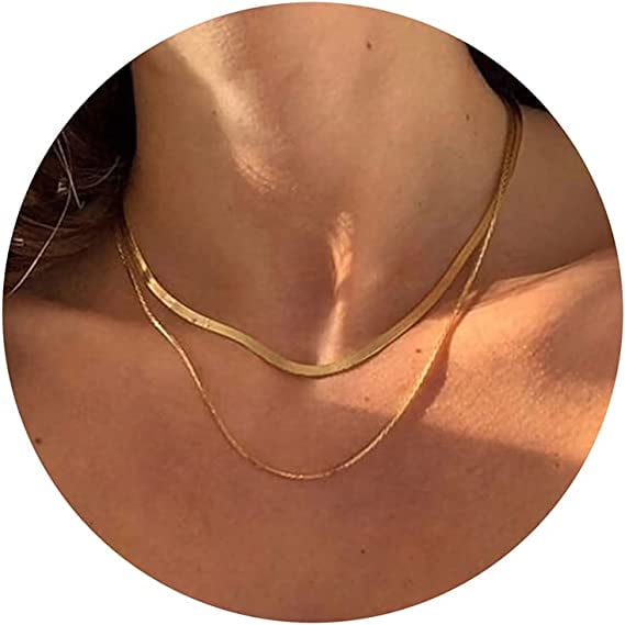 Jinsinto Herringbone Necklace for Women Dainty 14k Gold Snake Chain Necklace Layered Gold Herringbone Double Flat Snake Chain Choker Necklace Thin Chunky Chain Necklace Gift for Her